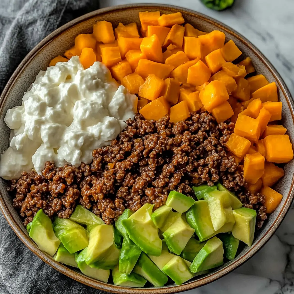 Savory Ground Beef Hot Honey Bowl with Sweet Potatoes and Avocado