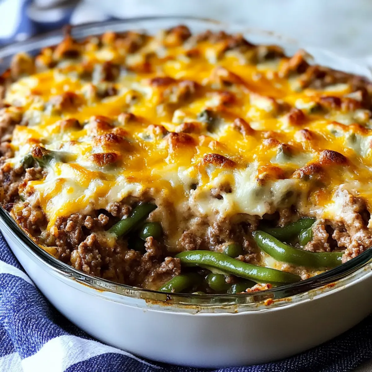 Easy Ground Beef Green Bean Casserole with Cheesy Potato Topping