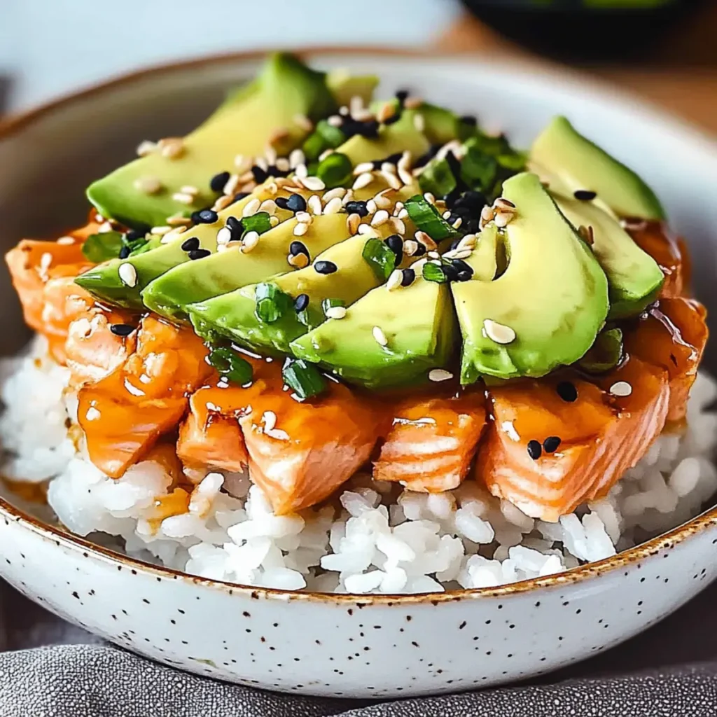 Teriyaki Salmon Avocado Rice Stack