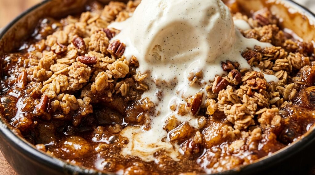 Ultra close-up macro of warm apple crisp with melting vanilla ice cream and brown butter oat crumble
