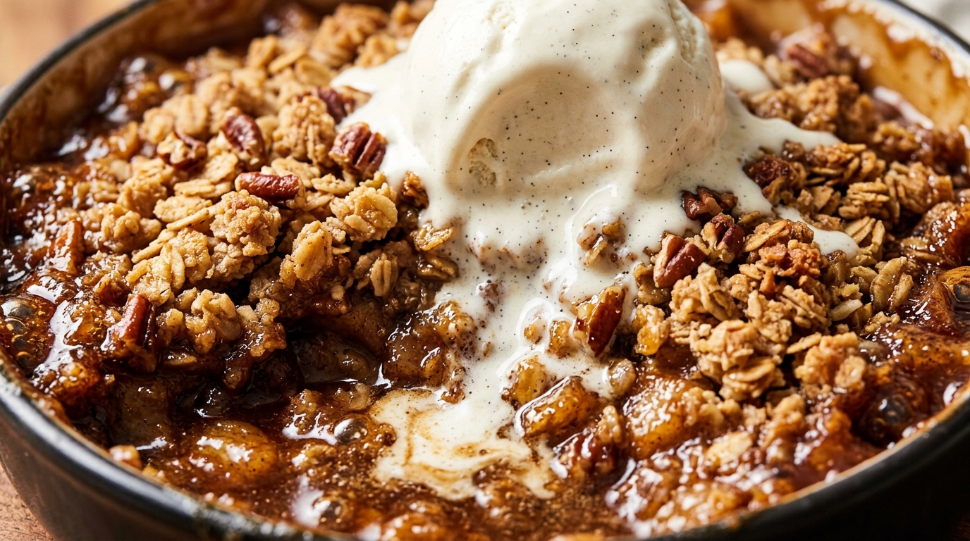 Ultra close-up macro of warm apple crisp with melting vanilla bean ice cream and golden brown pecan oat streusel