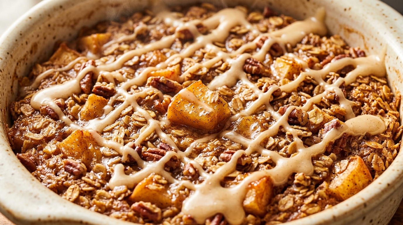 Ultra close-up macro of warm golden cinnamon apple baked oatmeal with toasted pecans and thick maple glaze drizzle