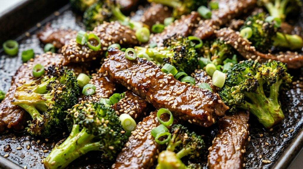 Ultra close-up macro of sheet pan sesame garlic beef and broccoli