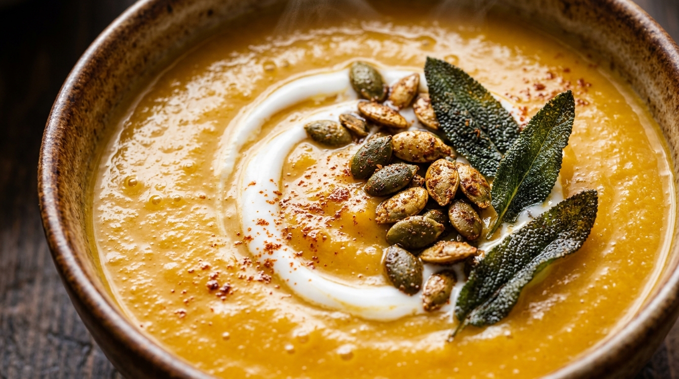 Ultra close-up macro of creamy roasted butternut squash soup with roasted garlic swirls, coconut drizzle and pumpkin seeds