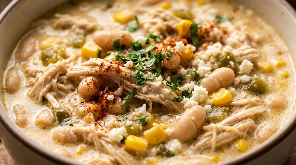Ultra close-up macro of creamy white chicken chili with shredded chicken and cannellini beans