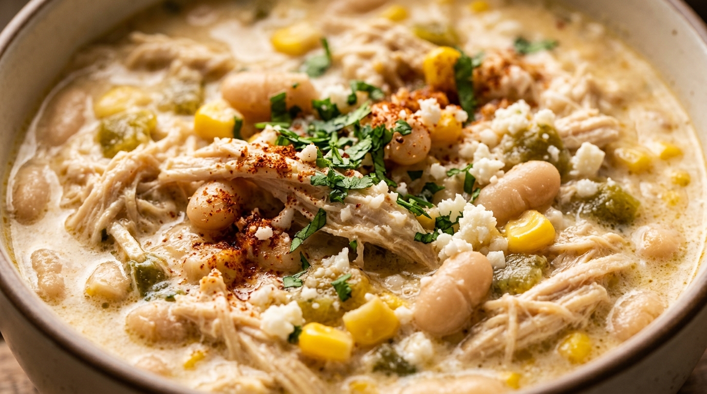 Ultra close-up macro of creamy white chicken chili with shredded chicken and cannellini beans