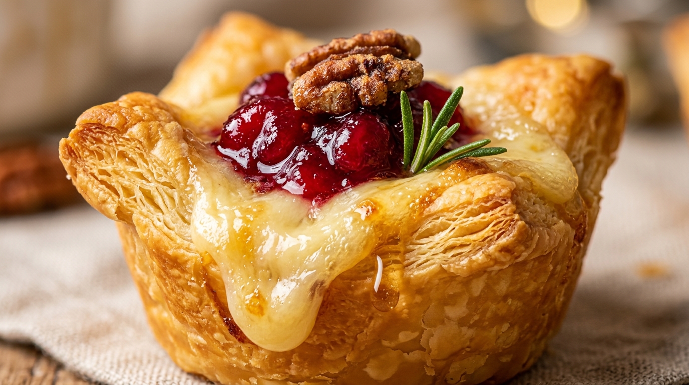 Ultra close-up macro of a warm golden cranberry brie crescent pastry bite with molten cheese and ruby cranberry sauce