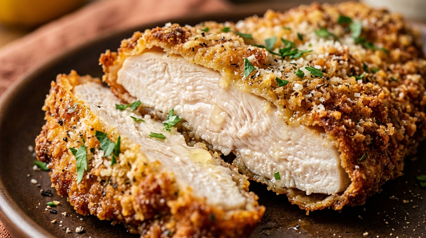 Ultra close-up macro of sliced crispy baked parmesan crusted chicken cutlet with juicy interior