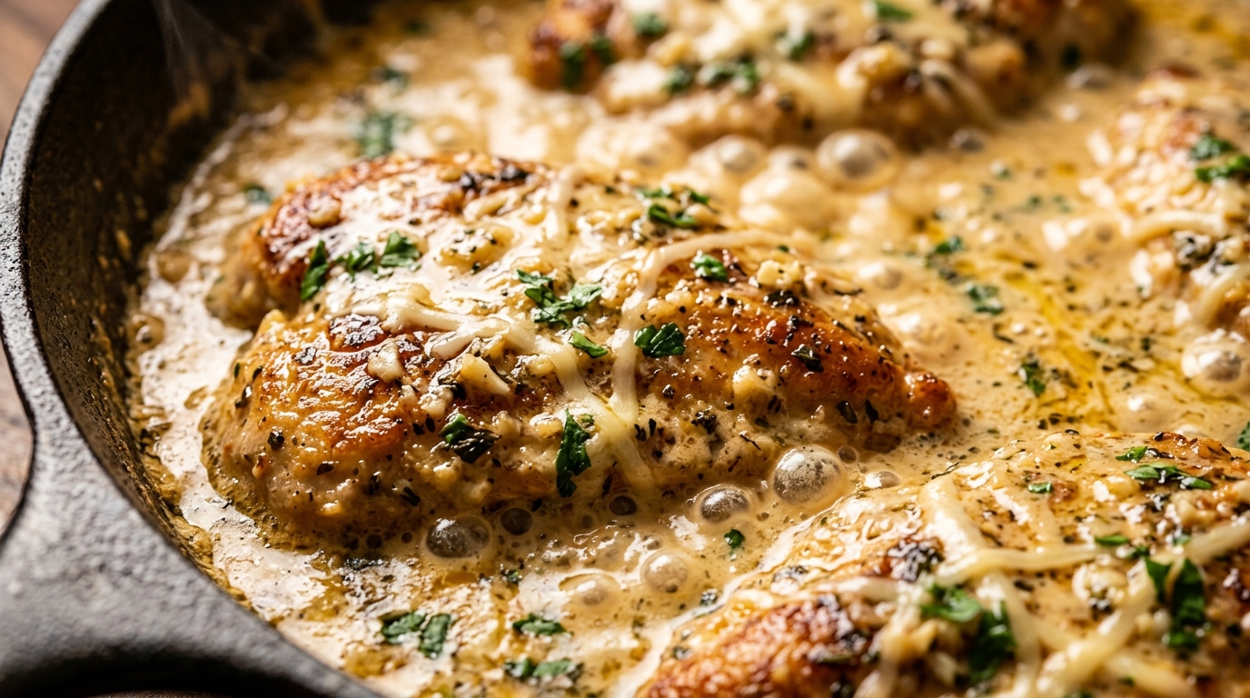 Creamy Garlic Parmesan Chicken simmering in a cast iron skillet on white quartz counter