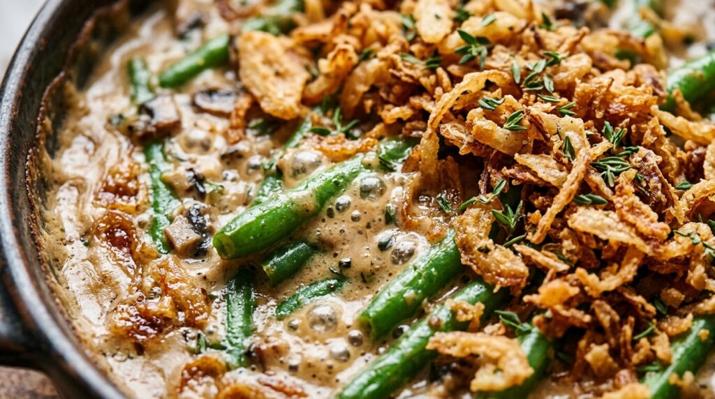Ultra close-up macro of fresh green bean casserole with bubbling mushroom sauce and crispy shallots