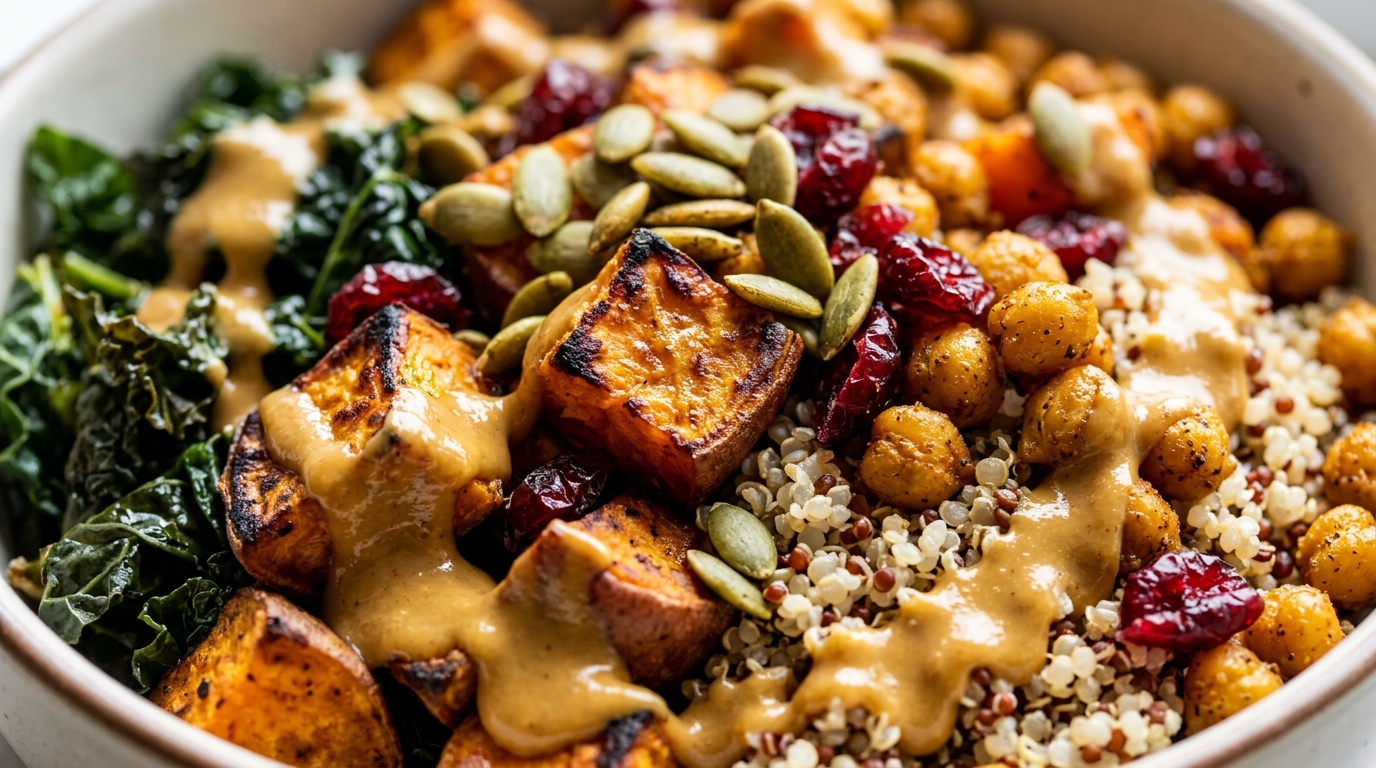 Ultra close-up macro of roasted sweet potato cubes, fluffy quinoa, and crispy chickpeas with creamy maple tahini dressing