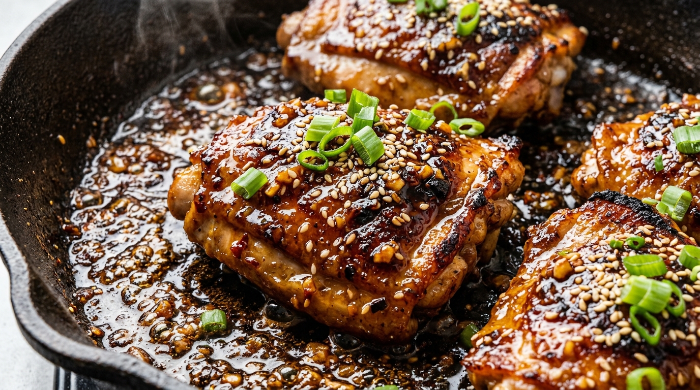 Ultra close-up macro of sizzling sticky honey garlic glazed chicken thighs in cast iron skillet with toasted sesame seeds and scallions