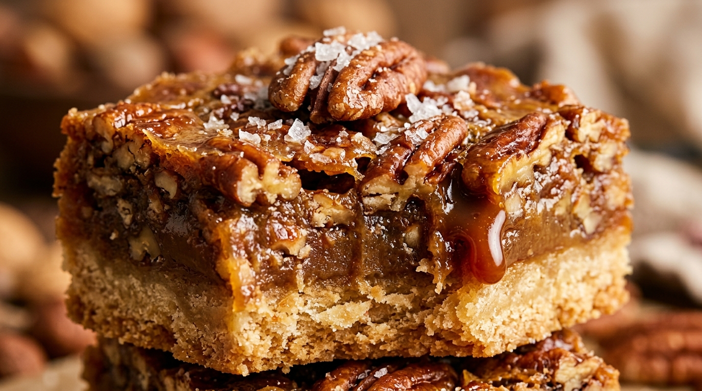 Ultra close-up macro of a thick square chewy brown butter pecan pie bar with gooey caramel and crisp shortbread crust