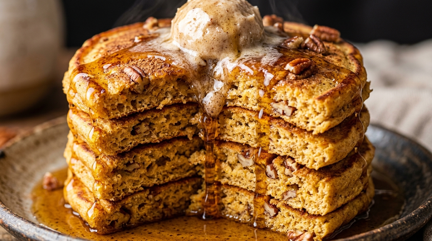 Ultra close-up macro of a tall stack of fluffy spiced pumpkin pancakes with melting maple pecan butter and cascading warm maple syrup