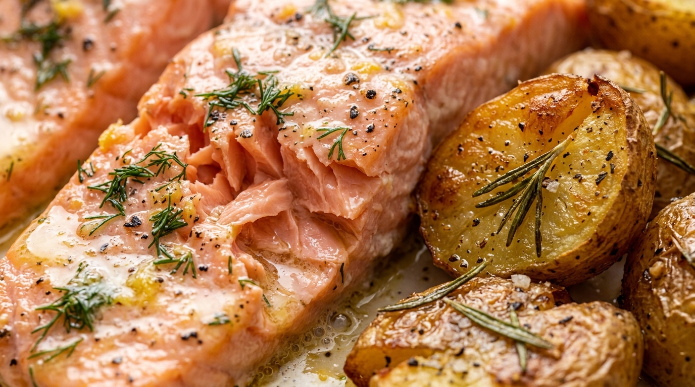 Ultra close-up macro of flaky baked Atlantic salmon and crispy golden roasted baby potatoes