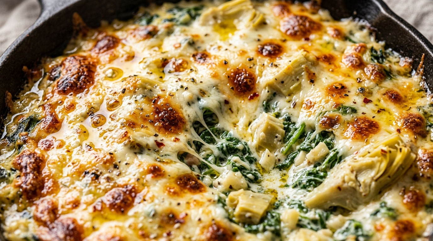 Ultra close-up macro of golden bubbling warm baked spinach artichoke dip with melted mozzarella cheese pull