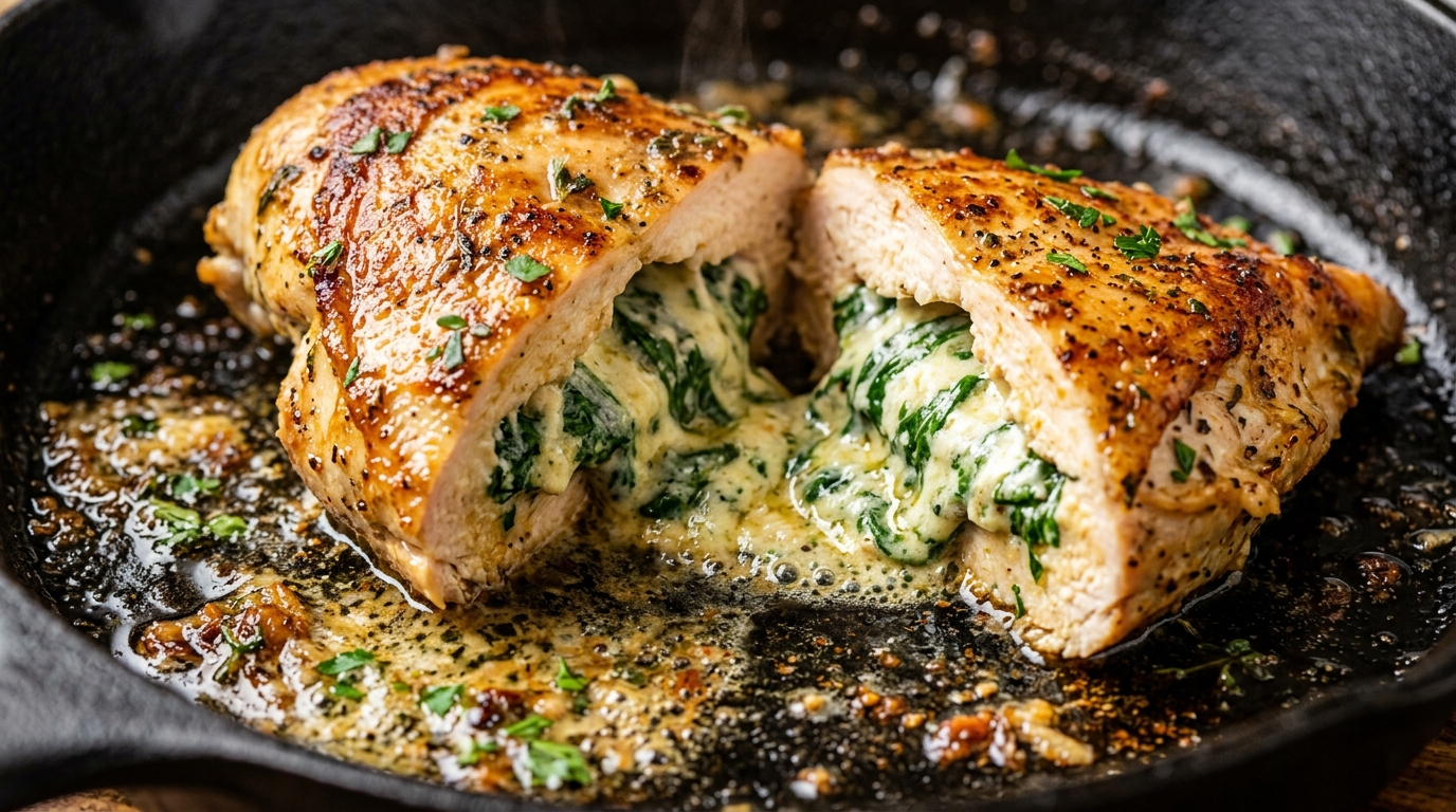 Creamy Spinach and Ricotta Stuffed Chicken sliced open in a cast iron skillet on white quartz counter