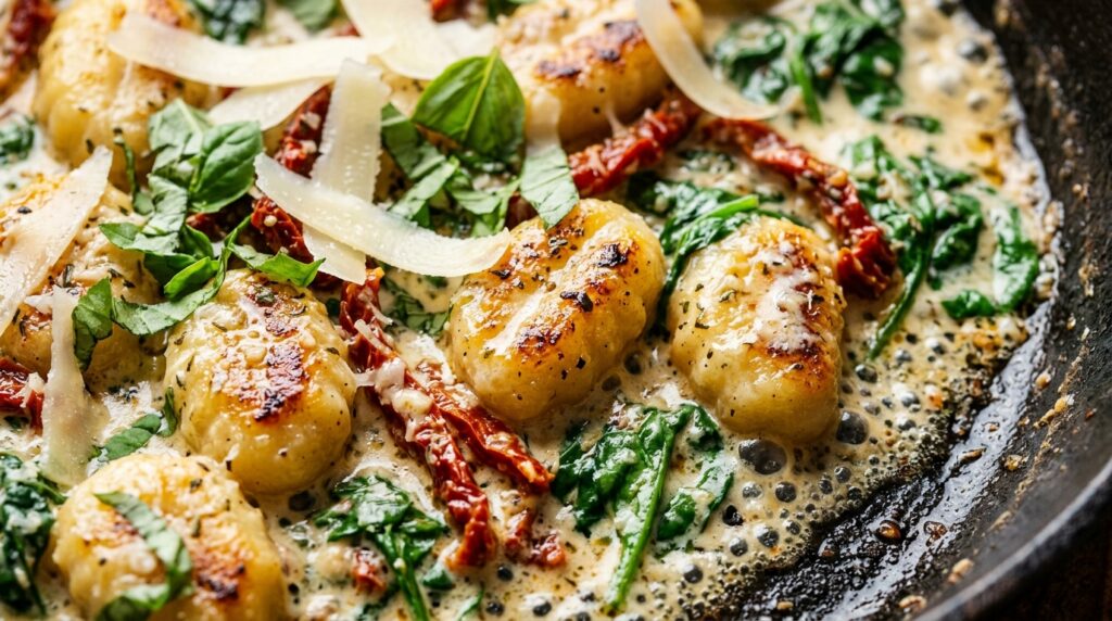 Ultra close-up macro of creamy sun-dried tomato gnocchi with seared dumplings, spinach and parmesan