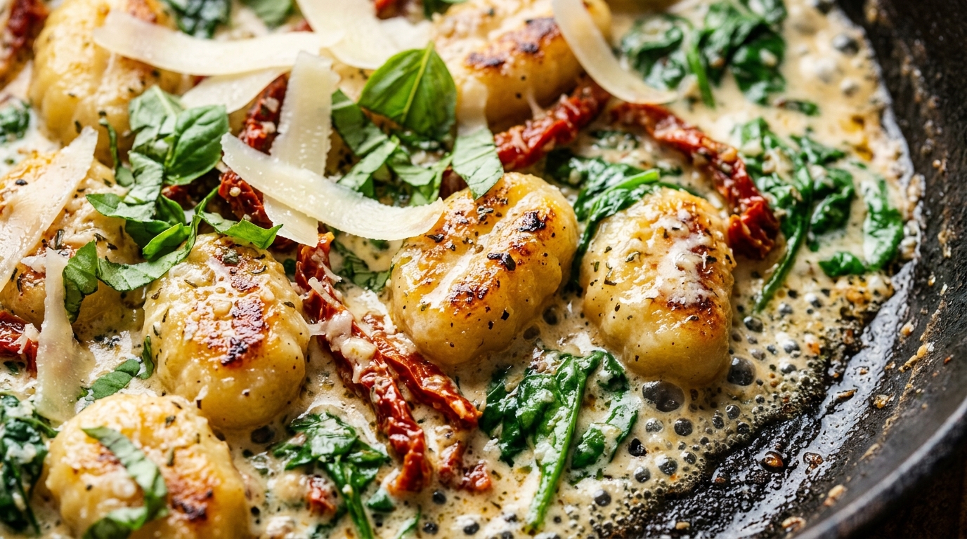 Ultra close-up macro of creamy sun-dried tomato gnocchi bubbling with garlic parmesan cream, spinach, and shaved parmesan