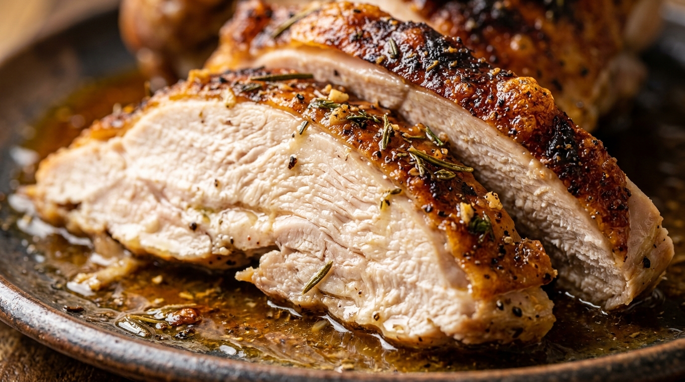 Ultra close-up macro of succulent carved slices of juicy roasted turkey breast with crisp herb butter skin and glistening pan drippings
