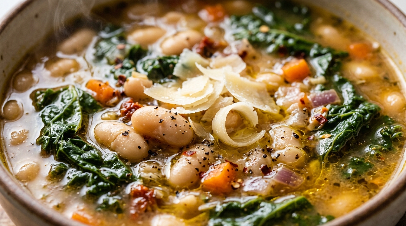Ultra close-up macro of cozy Tuscan white bean and kale soup with cannellini beans, kale, parmesan curls and olive oil