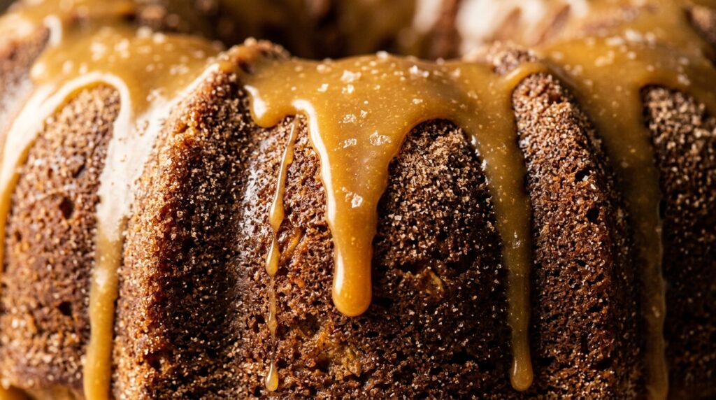 Ultra close-up macro of salted caramel dripping down spiced cinnamon sugar apple cider bundt cake