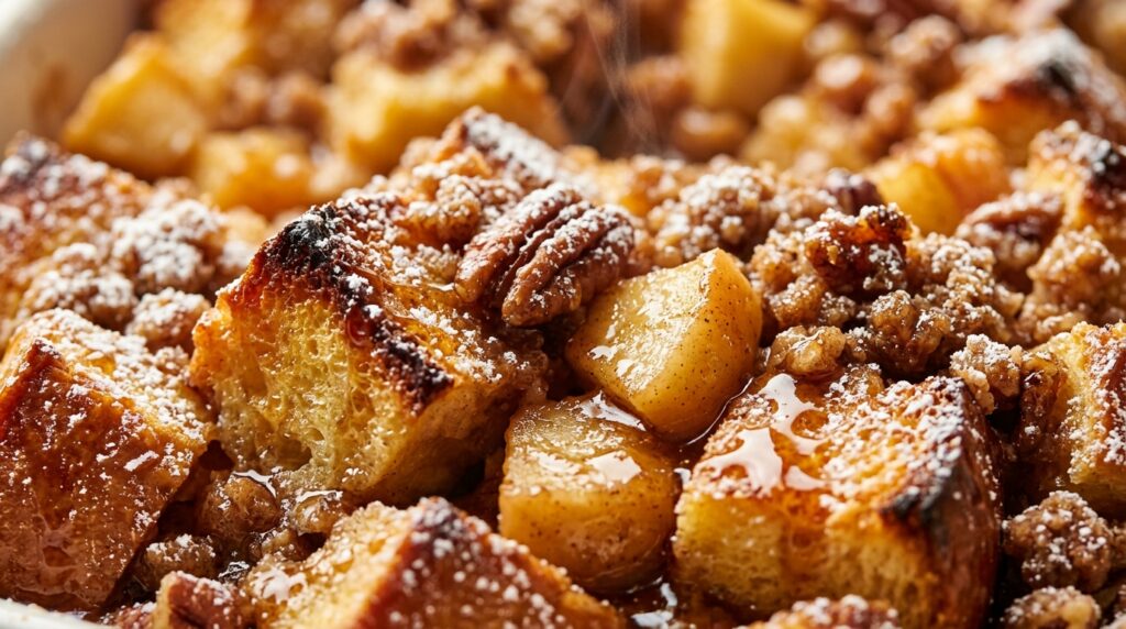 Ultra close-up macro food photography of baked apple cider french toast casserole with cinnamon pecan streusel