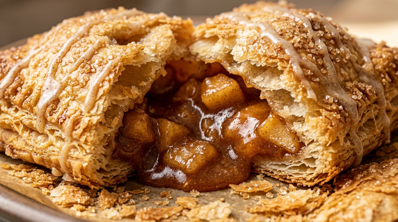 Ultra close-up macro of flaky golden salted caramel apple hand pie broken open with gooey caramel oozing out
