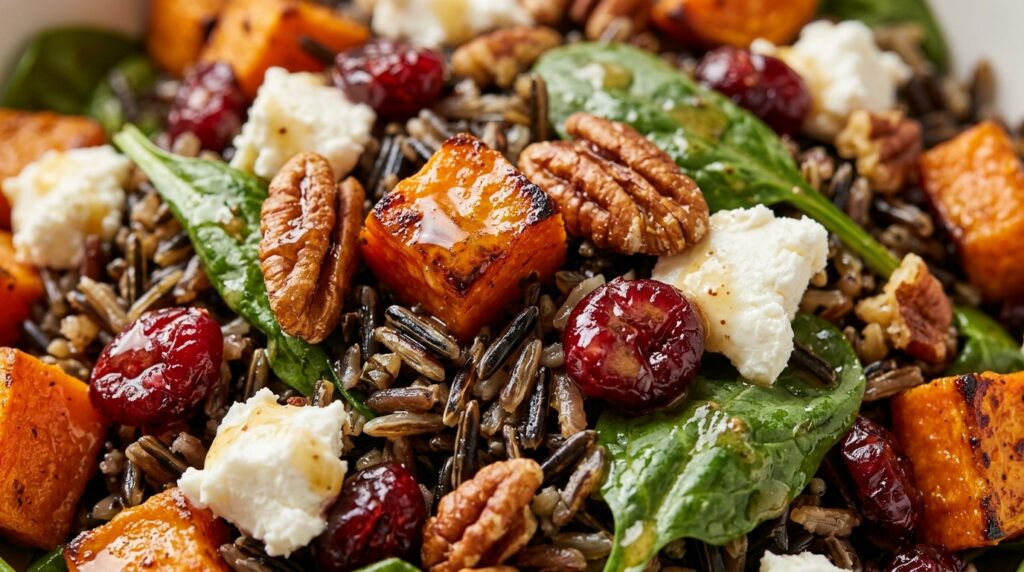 Ultra close-up macro of nutty wild rice salad with caramelized sweet potatoes, pecans, and cranberries