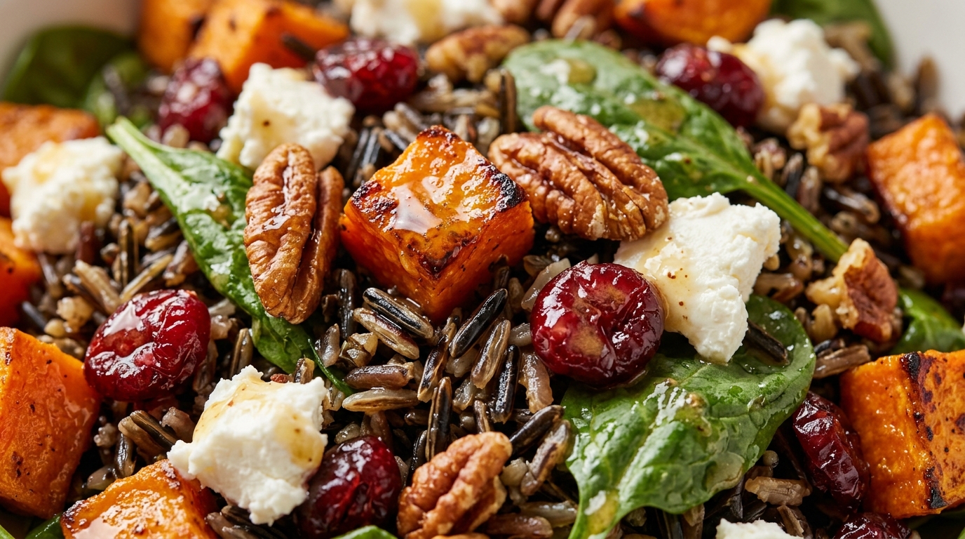 Ultra close-up macro of warm autumn wild rice salad with roasted sweet potatoes, pecans, and cranberries