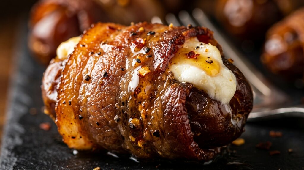 Ultra close-up macro food photography of crispy bacon wrapped dates stuffed with creamy goat cheese and glazed with hot honey