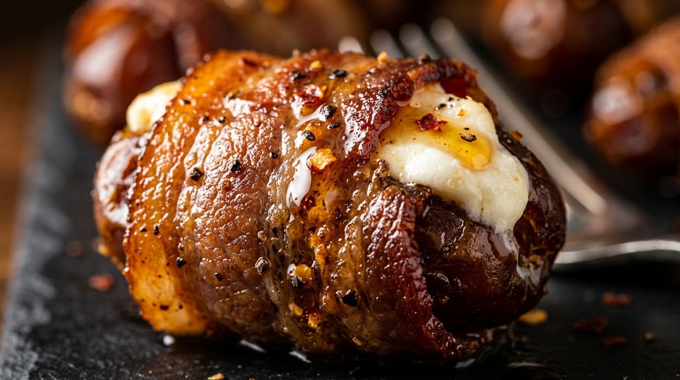 Ultra close-up macro food photography of crispy bacon wrapped dates stuffed with creamy goat cheese and glazed with hot honey