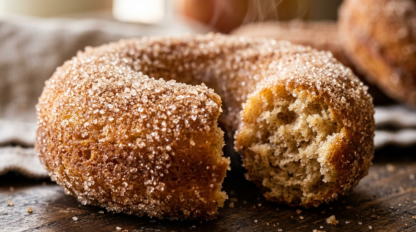 Ultra close-up macro of freshly baked apple cider donuts generously coated in melted butter and sparkling cinnamon sugar