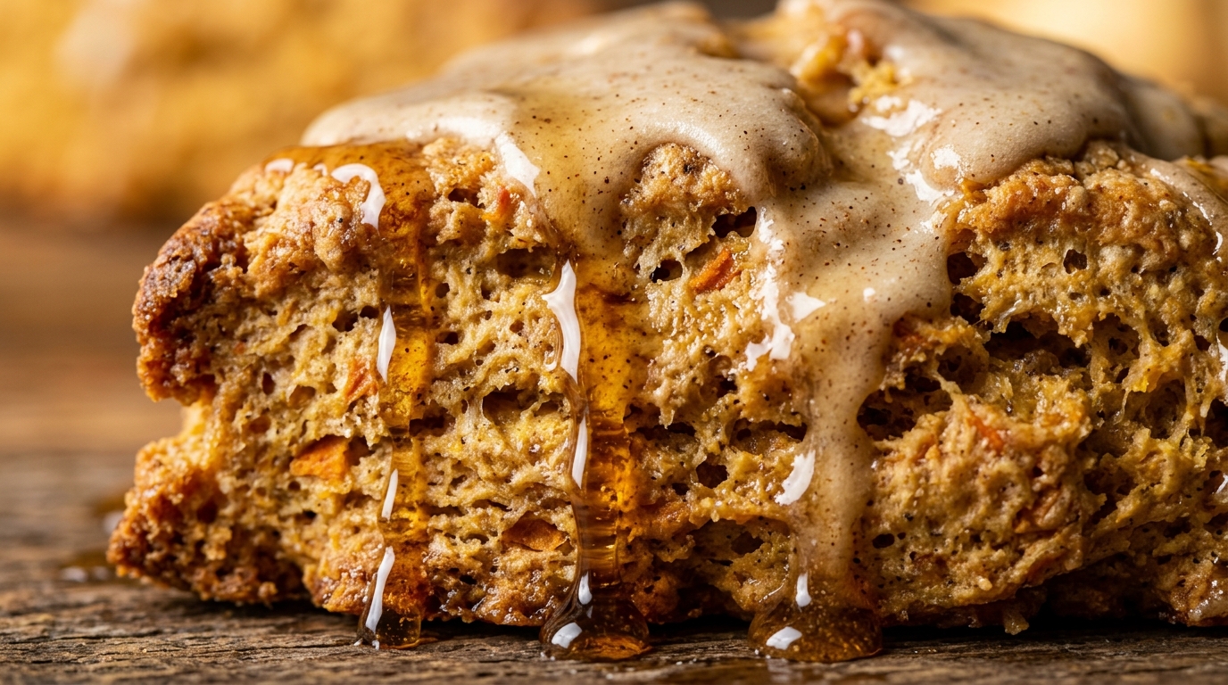 Ultra close-up macro of bakery-style glazed pumpkin spice scones with golden flaky layers and drizzled vanilla spiced glaze