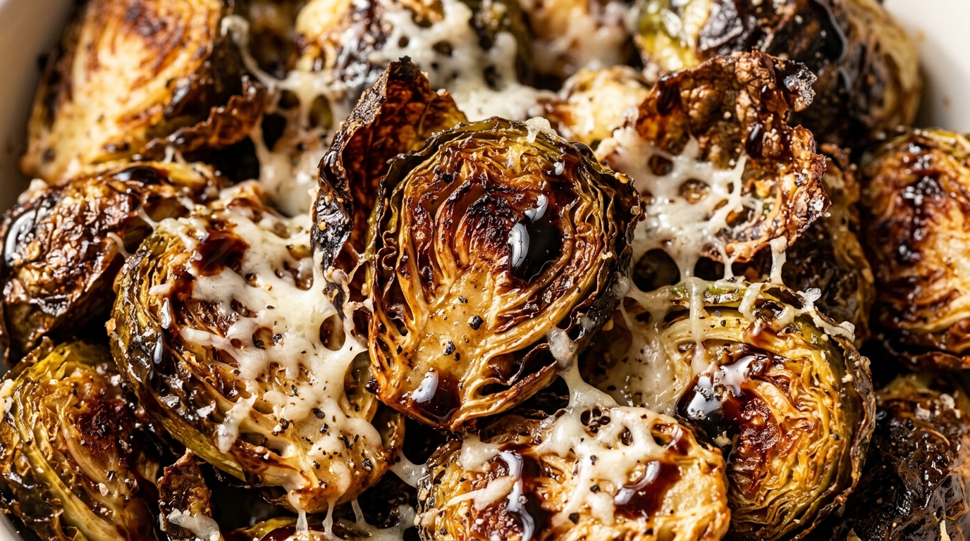 Ultra close-up macro of charred crispy roasted Brussels sprouts with melted parmesan cheese and glossy balsamic glaze drizzle