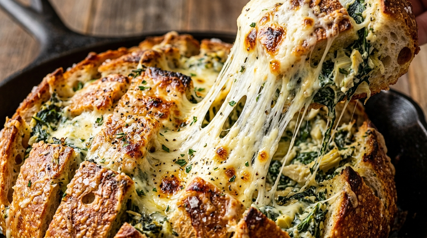 Ultra close-up macro of cheesy spinach artichoke pull-apart bread with bubbling melted mozzarella and golden garlic crust