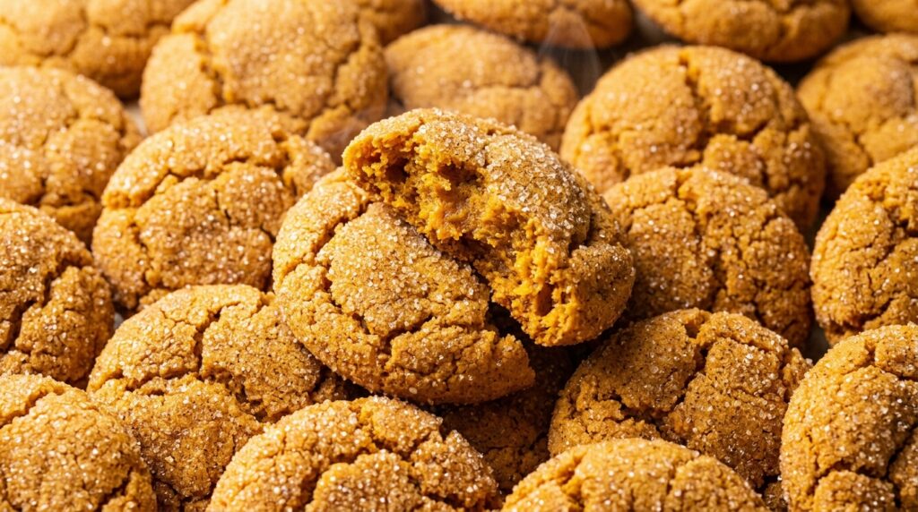 Ultra close-up macro food photography of chewy spiced pumpkin snickerdoodle cookies