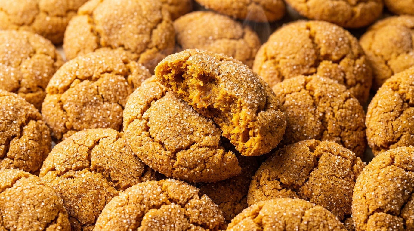 Ultra close-up macro food photography of freshly baked chewy pumpkin snickerdoodle cookies with crinkly cinnamon sugar crust