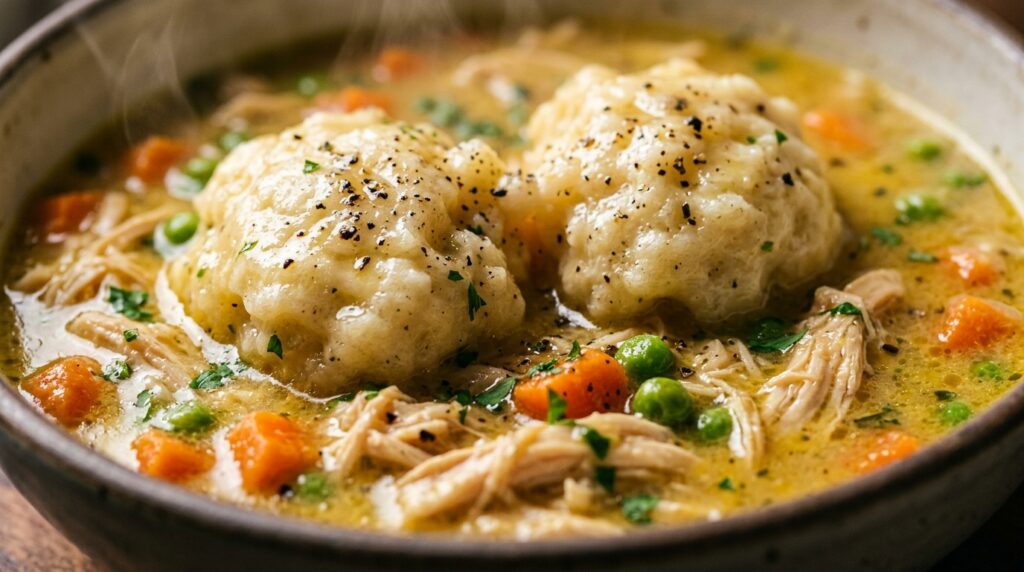 Old-fashioned creamy chicken and dumplings simmering in a rich velvety herb gravy with tender shredded chicken and fluffy buttermilk dumplings