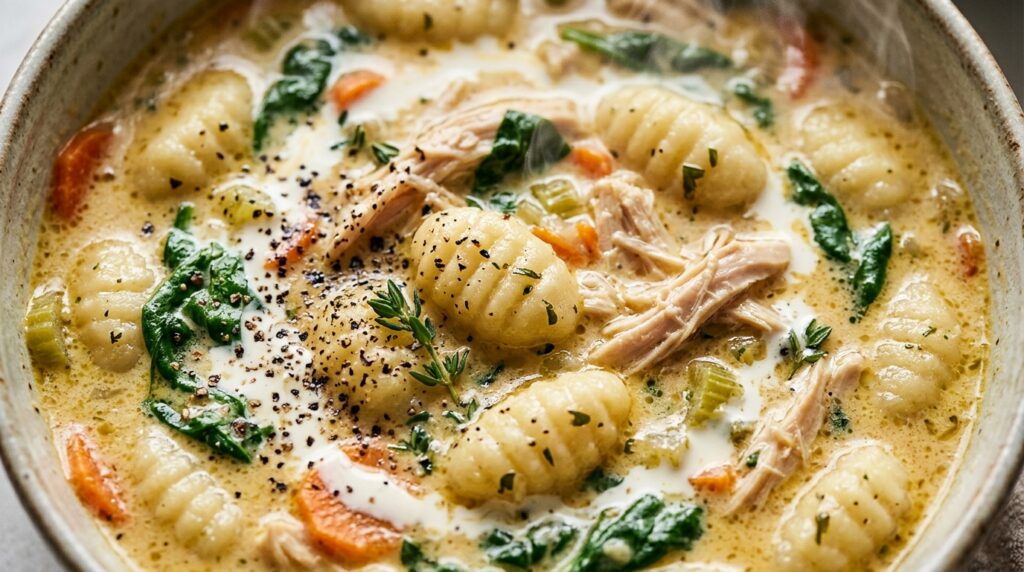 Ultra close-up macro of steaming creamy chicken gnocchi soup with tender chicken, potato gnocchi, spinach, and shaved parmesan