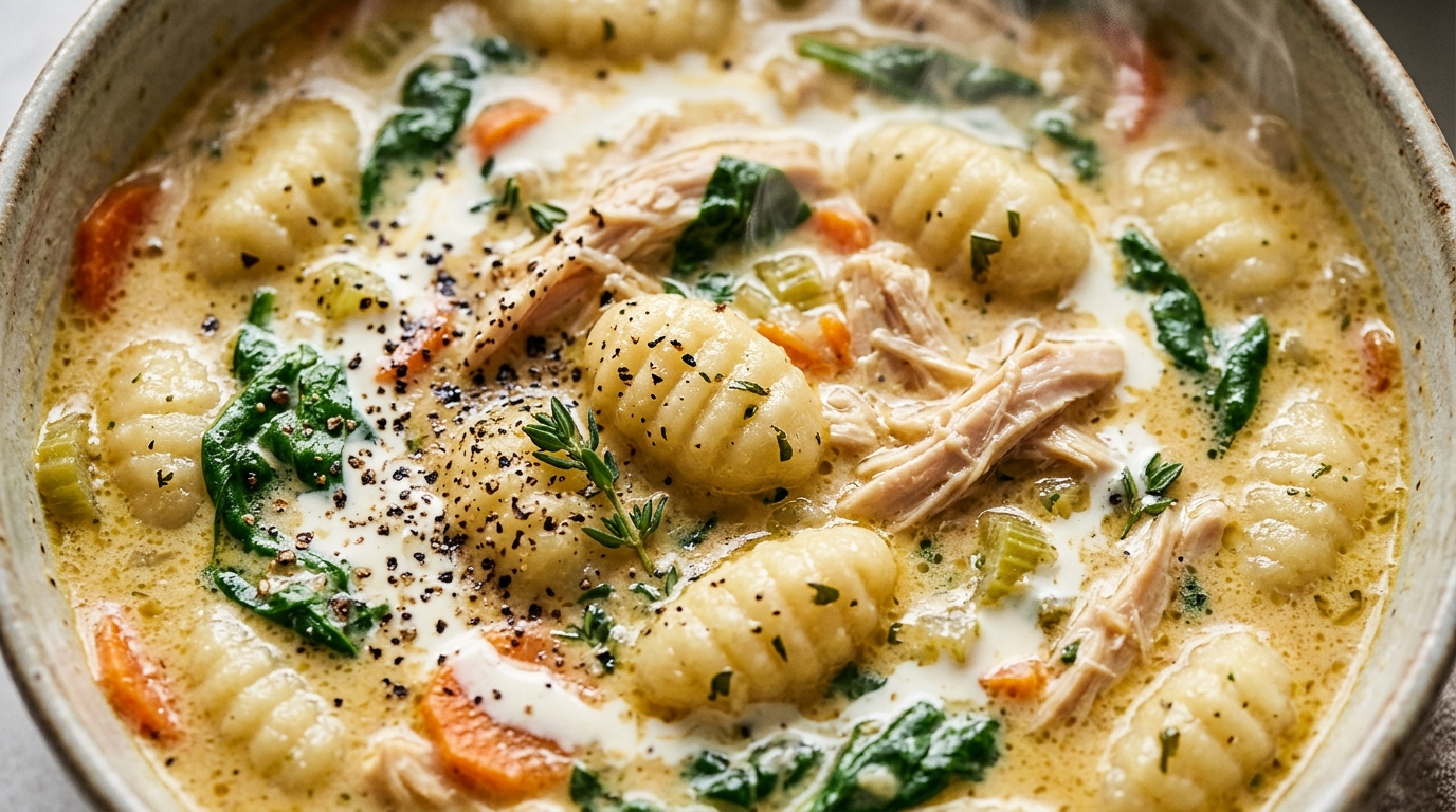 Ultra close-up macro of steaming creamy chicken gnocchi soup with tender chicken, potato gnocchi, spinach, and shaved parmesan