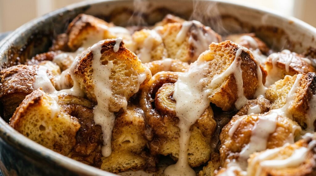 Ultra close-up macro of golden baked brioche cinnamon roll French toast casserole drizzled with warm cream cheese glaze