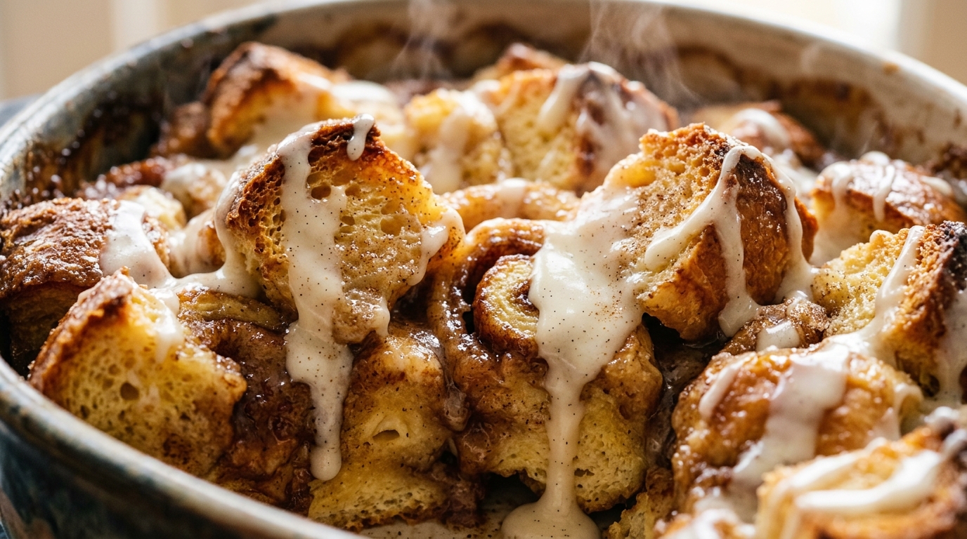 Ultra close-up macro of golden baked brioche cinnamon roll French toast casserole drizzled with warm cream cheese glaze