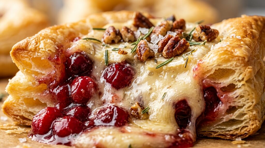 Ultra close-up macro of bubbling melted French brie and ruby cranberry sauce in flaky golden puff pastry bites