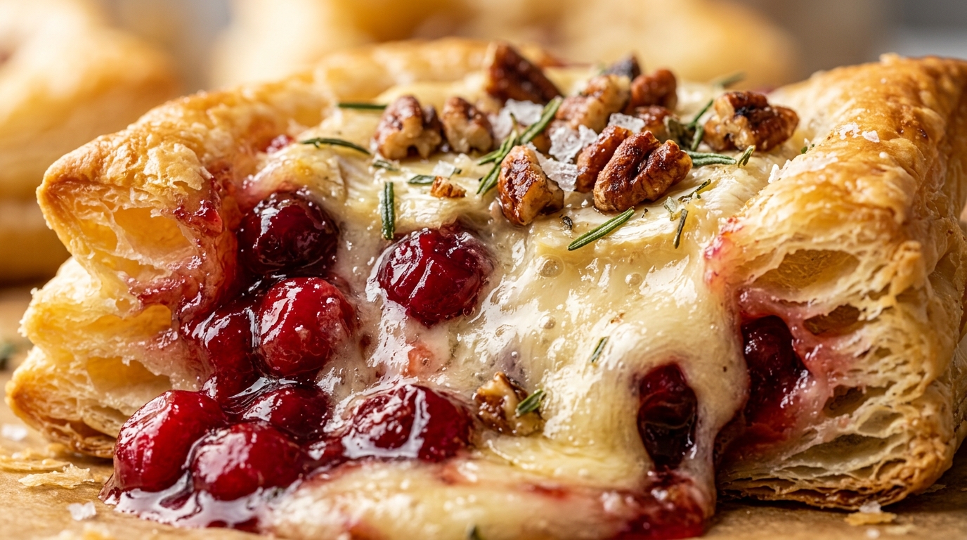 Ultra close-up macro of bubbling melted French brie and ruby cranberry sauce in flaky golden puff pastry bites