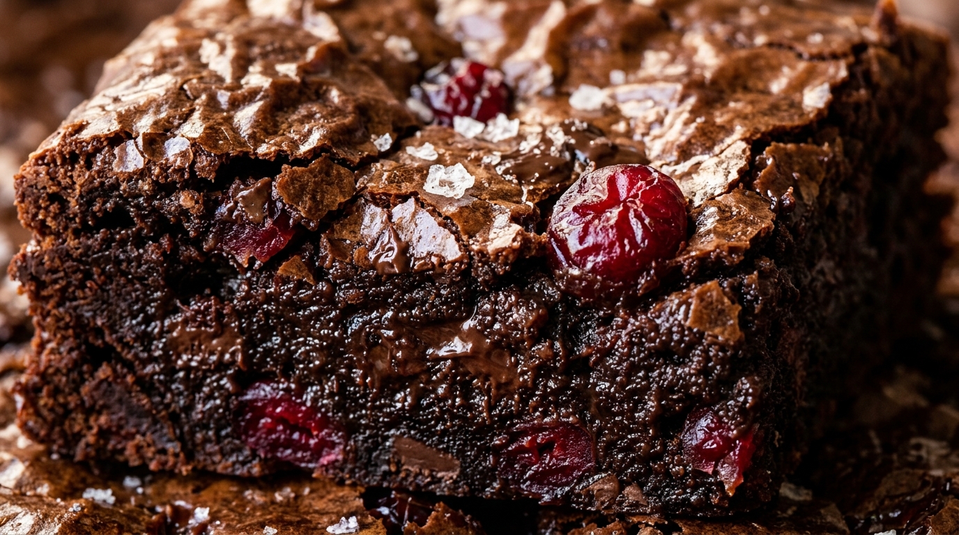 Ultra close-up macro of fudgy dark chocolate cranberry brownie with glossy crinkle top and sea salt