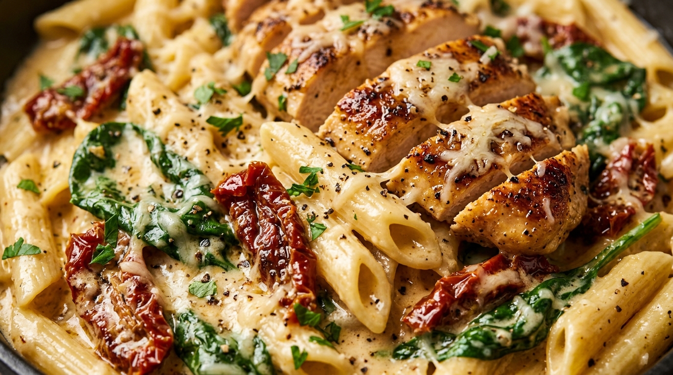 Ultra close-up macro food photography of creamy garlic butter Tuscan chicken pasta with seared chicken and sun dried tomatoes