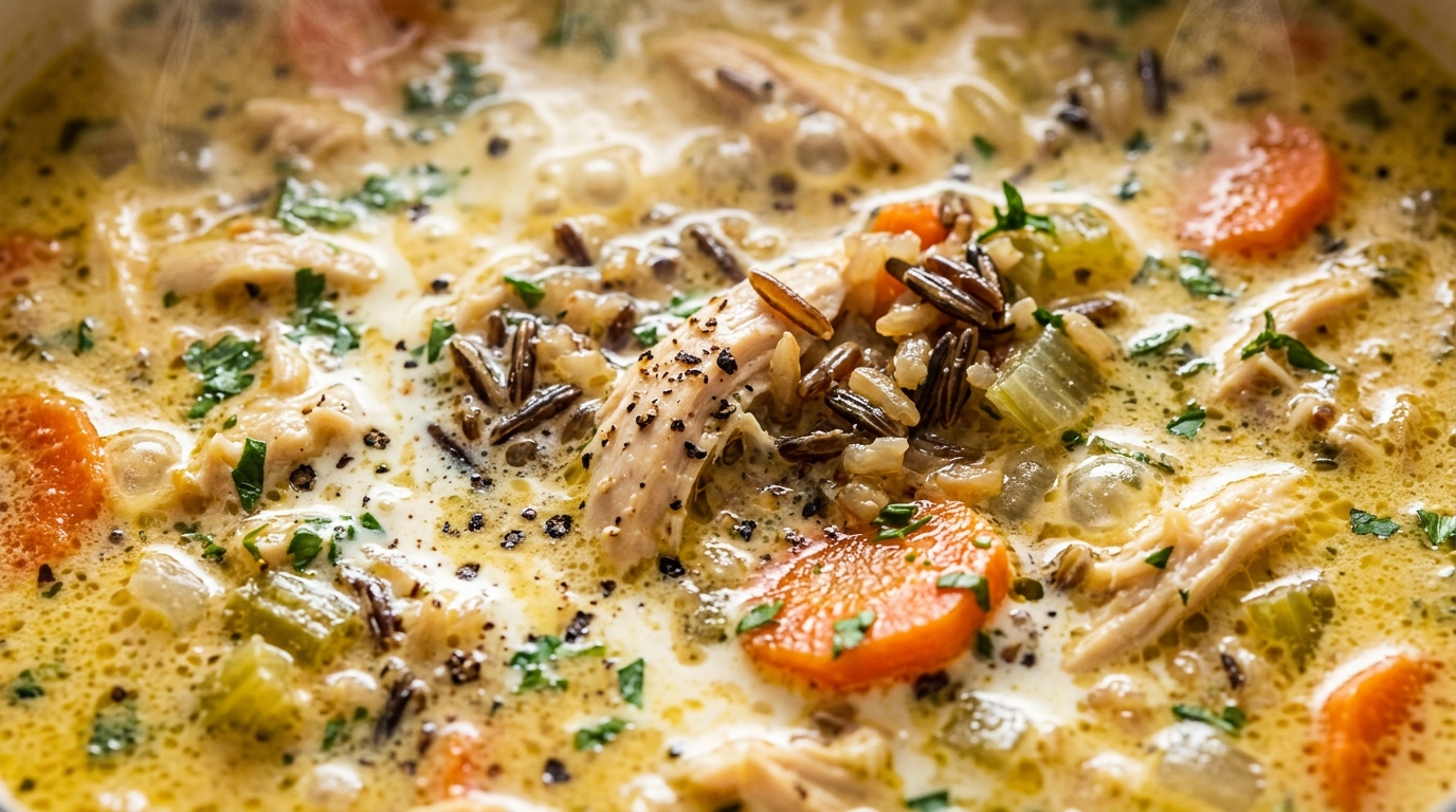 Ultra close-up macro food photography of creamy slow-simmered chicken and wild rice soup with rich golden broth and fresh herbs