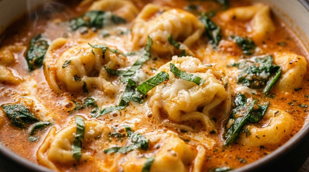 Ultra close-up macro of tender cheese tortellini floating in velvety creamy tomato basil broth with spinach and parmesan