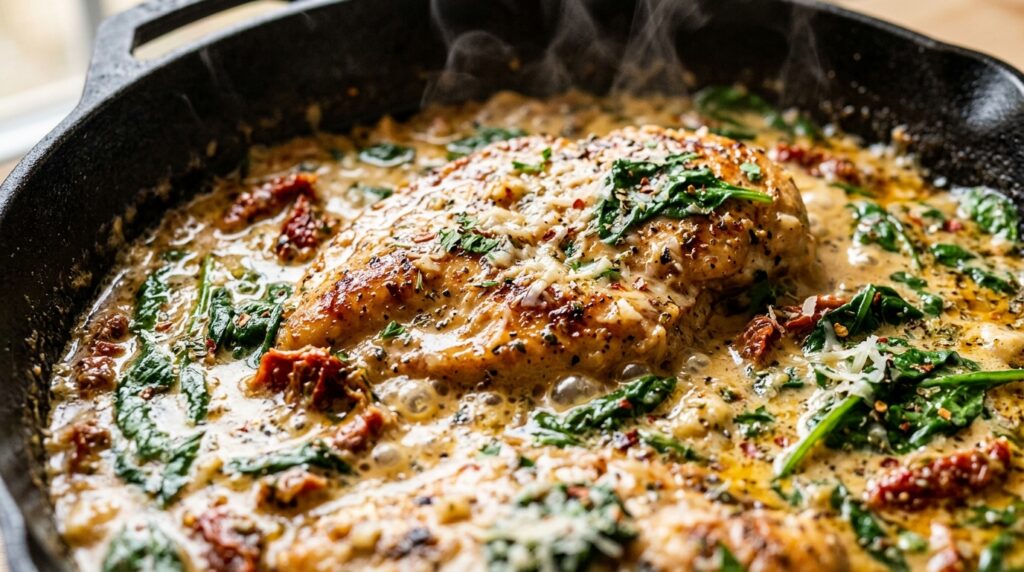 Ultra close-up macro of golden-crusted pan-seared chicken cutlets simmering in velvety garlic parmesan cream sauce with sun-dried tomatoes and spinach